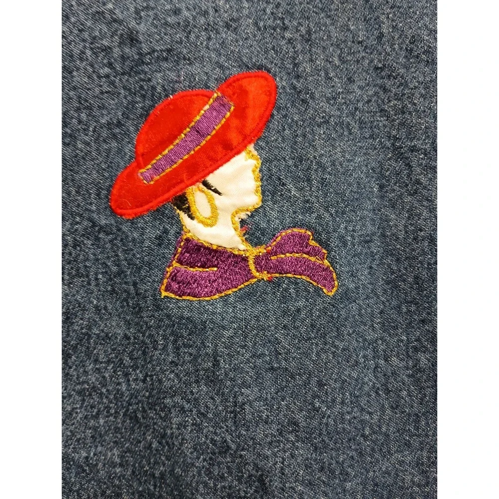 VTG 90s Keren Hart  Denim Jacket Womens Medium Blue Red Hat Embroidered Artsy